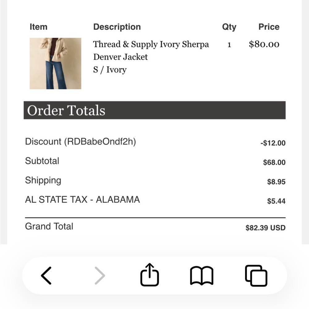 Cozy Cream Sherpa Jacket Thread & Supply size small - Picture 3 of 4
